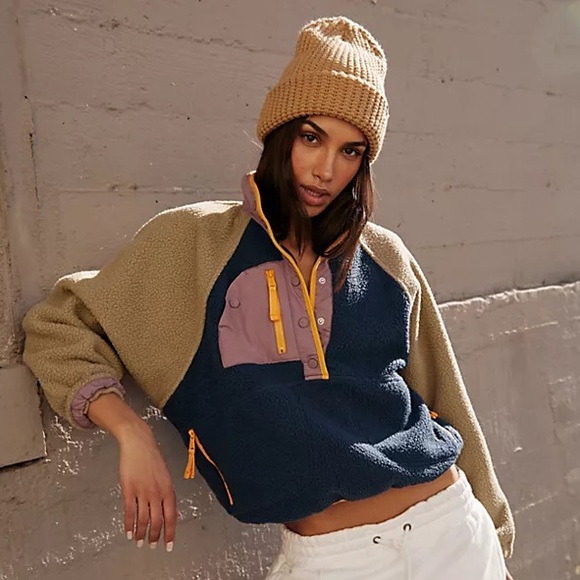 Free People Jackets & Blazers - Free People Colorblock Teddy Jacket in Navy, Olive, Mauve & Mustard